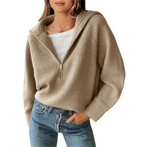 Womens Quarter Zip Sweater V Neck Collared Ribbed Knit Pullover